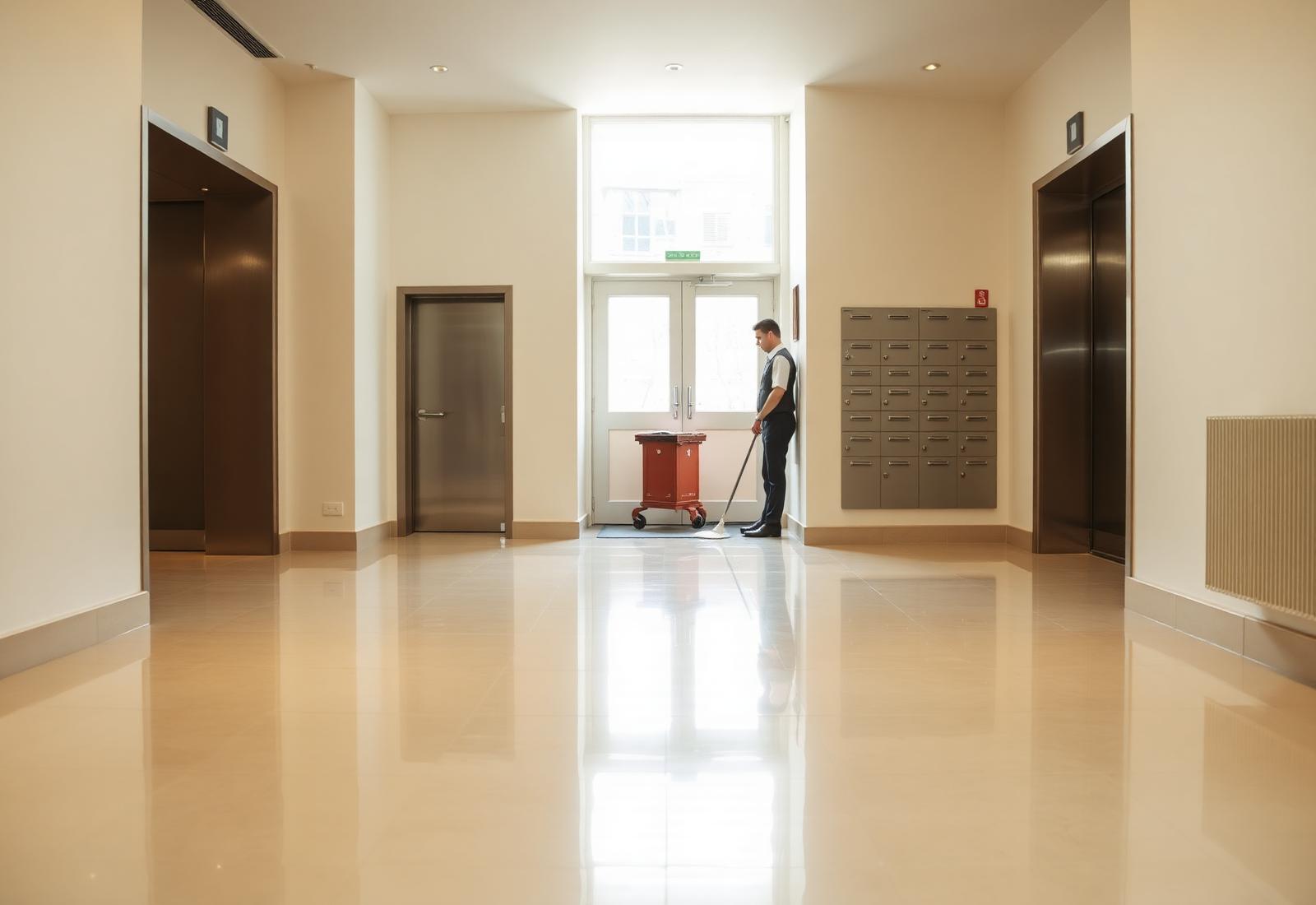 Hall de copropriété propre avec un agent de propreté en intervention